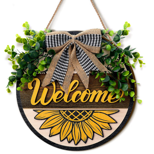 Spring 3D Sunflower Door Sign Summer Welcome Wreaths for Front Door Decoration with Buffalo Bow 12 Inch Wood Hanging Farmhouse Porch Wall Decor Indoor Outdoor