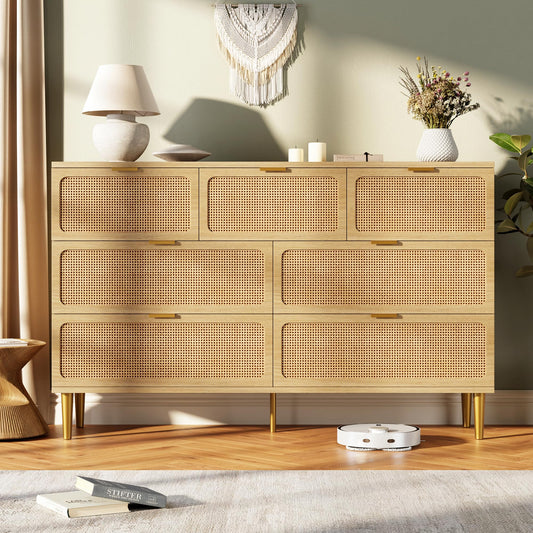 GarveeHome Rattan 7 Drawer Dressers for Bedroom, Tall Dresser with Deep Drawers, Large Chest of Drawers for Closet with Wide Top, Long Wooden Dresser for Living Room, Hallway, Kids Room, Natural
