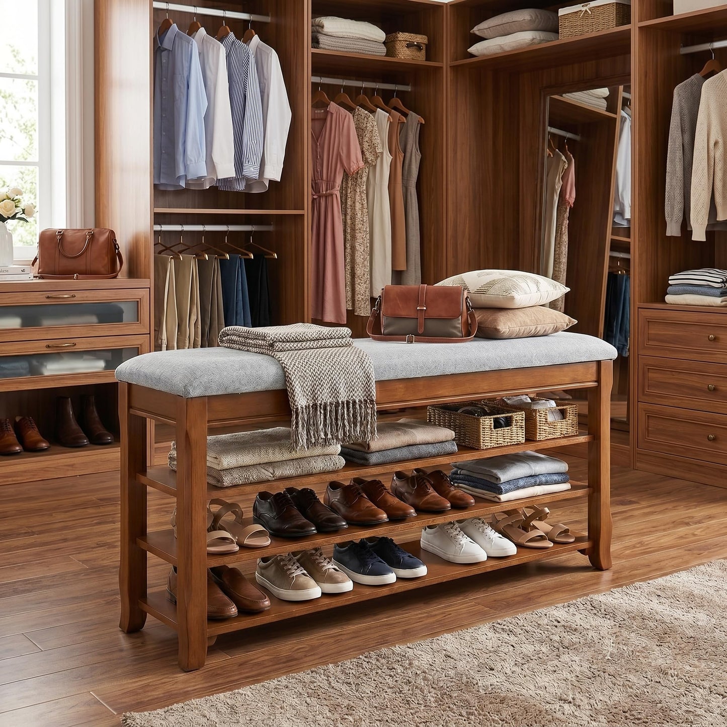 Drogenble SolidWood Entryway Shoe Storage Bench, Flip-Top Soft-Close Lid, Adjustable Shelves, Cushioned Entryway Shoe Rack Organizer,Hallway, Closet, Foyer 39.4''