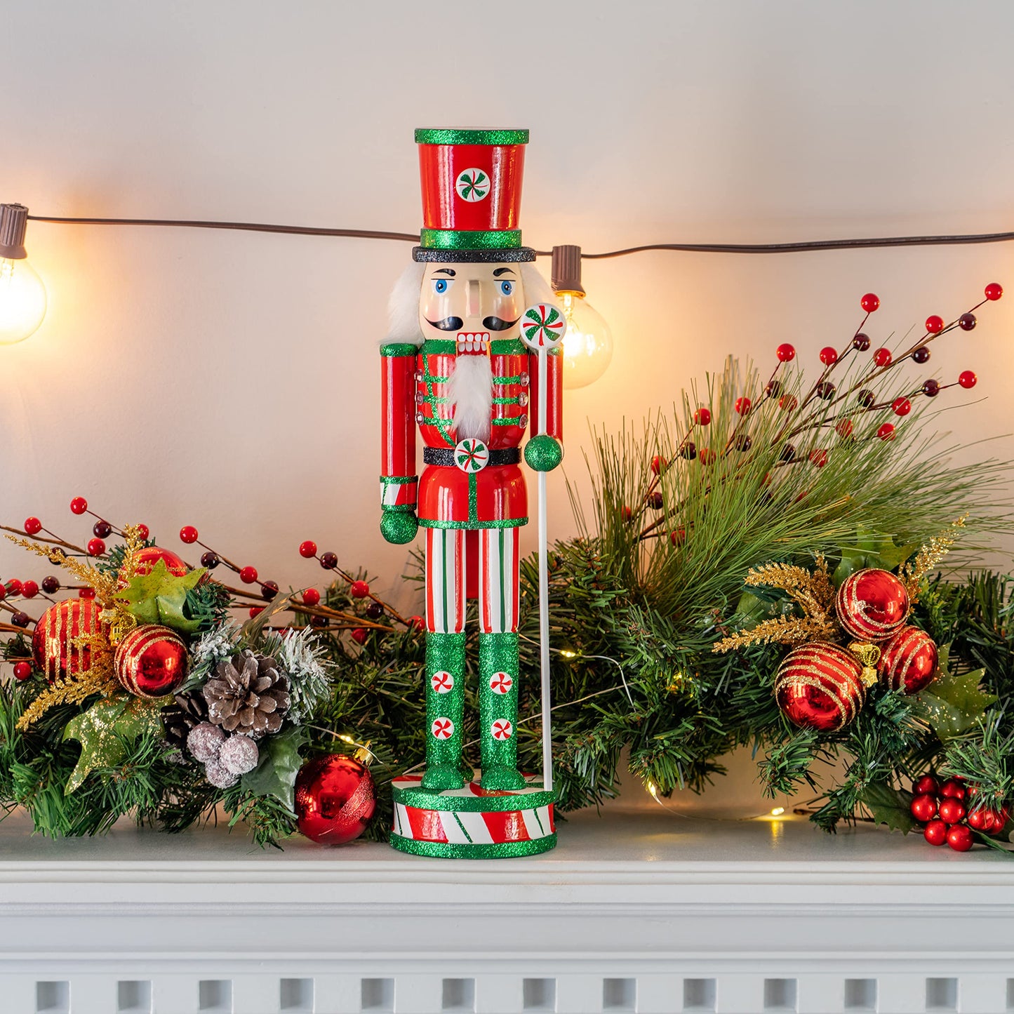Ornativity Wooden Peppermint Christmas Nutcracker - Red, White and Green Glitter Candy Themed Xmas Holiday Nut Cracker Doll Figure Toy Soldier Decorations 15"