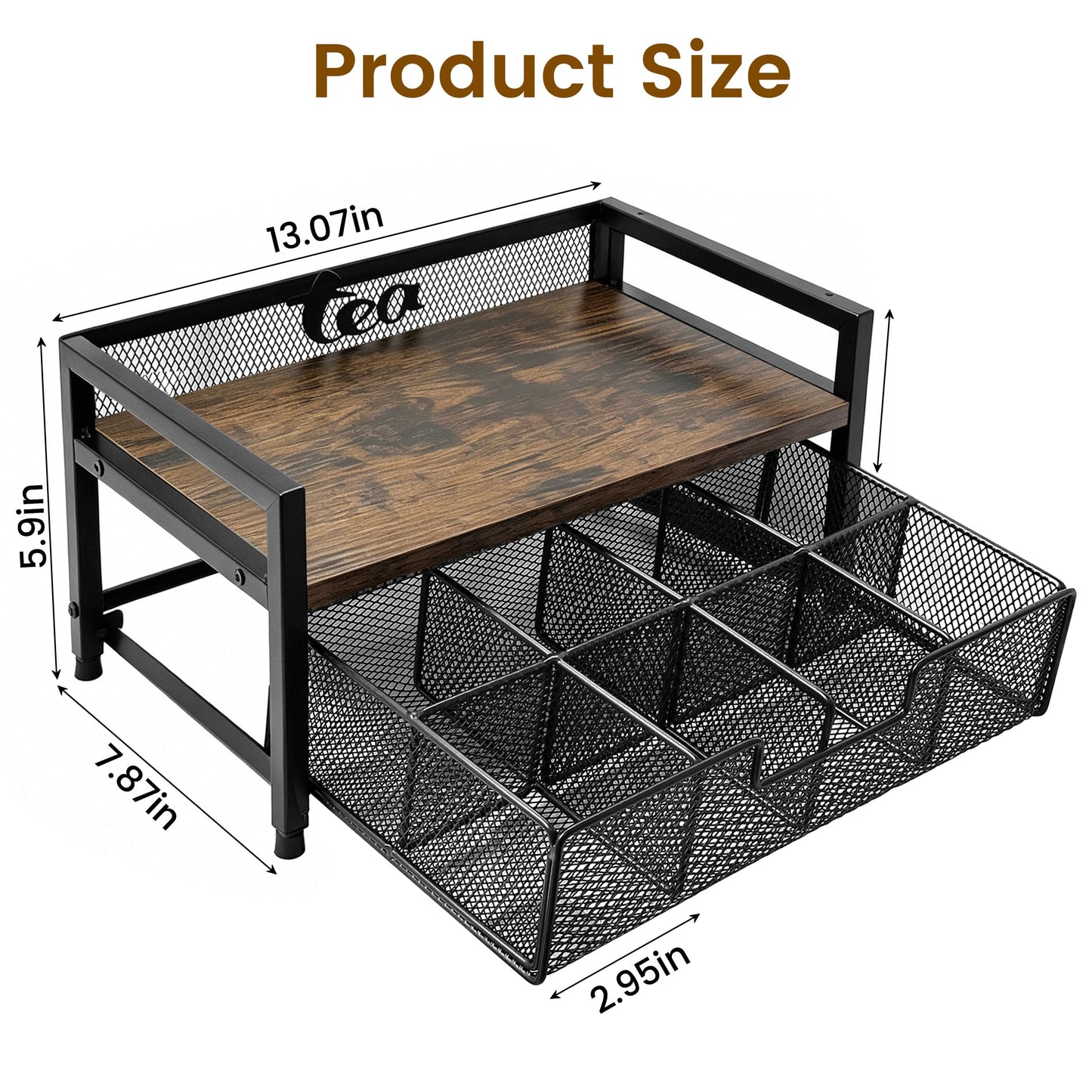 Uniqcovosa 2 Tier Tea Bag Organizer and Storage - 8 Drawer Sliding Tea Box Organizer, Tea Bar Accessories Organizer for Countertop, Bar Station, Kitchen (Rustic Brown)