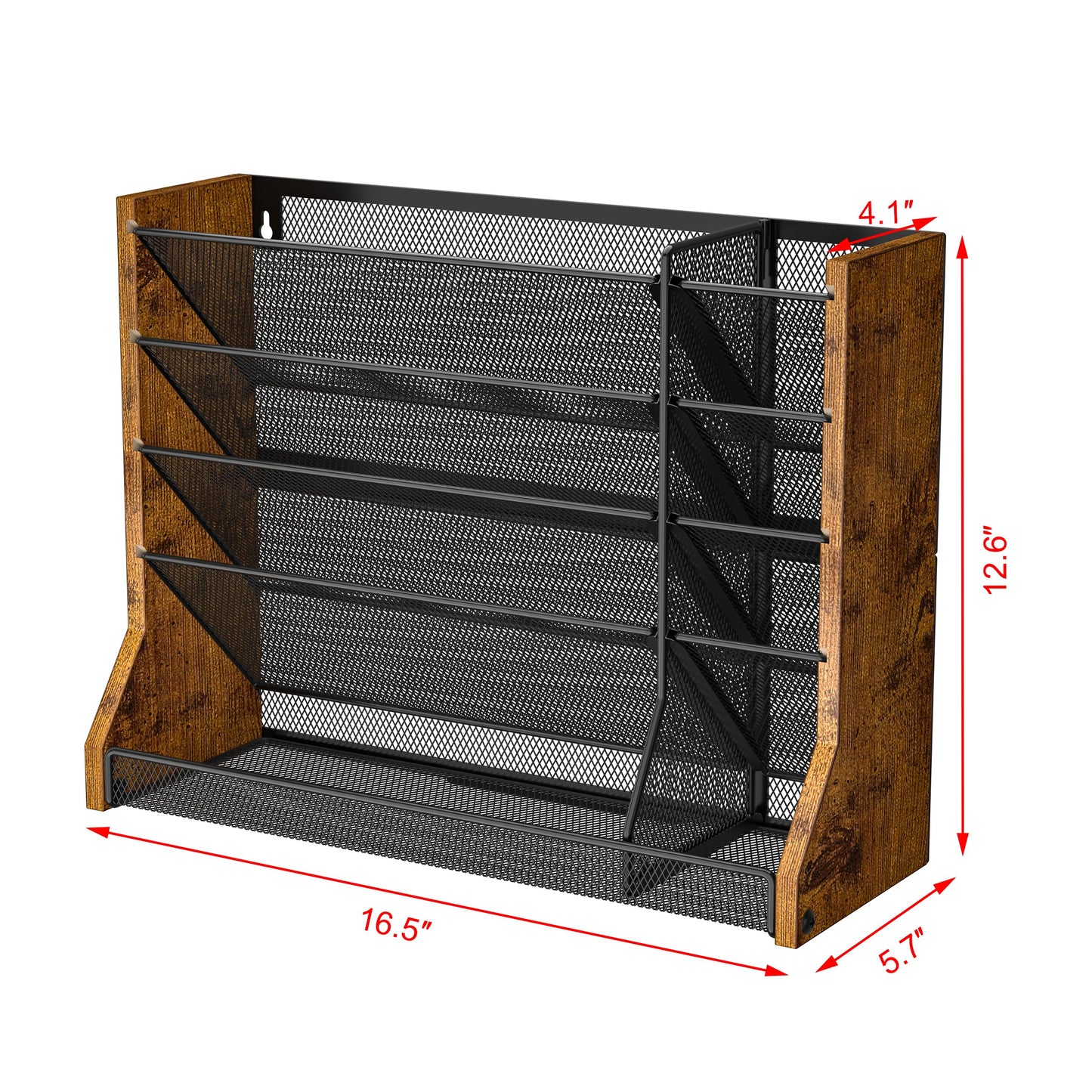 Jakyitvi Wall Desk File Organizer 5 Tiers, Ironwood Hanging File Organizer with R-shaped Tray, Wall File Holder for Office Home, 4 Pull-Out Divider and Pen Slots to Sort File,Mail,Newspaper,Pen, Brown