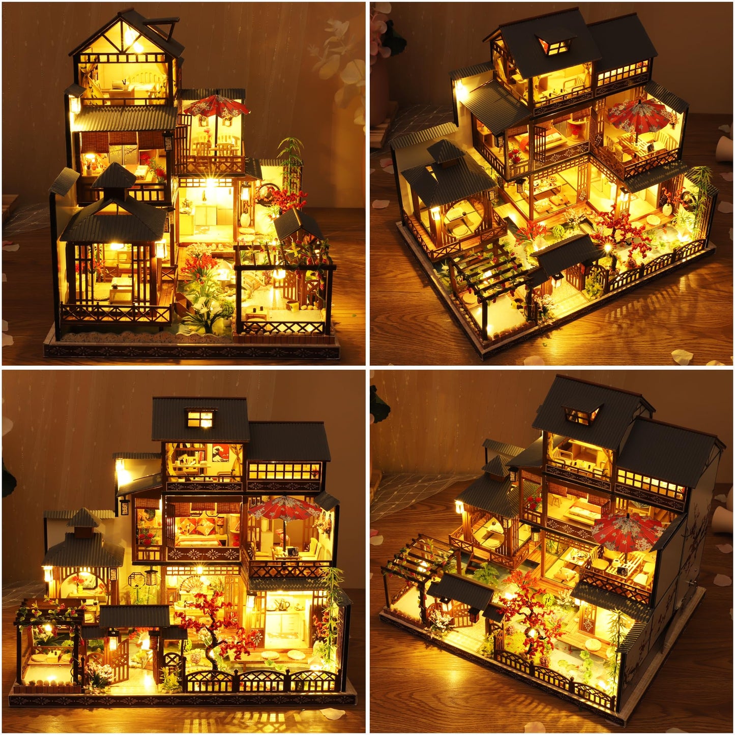 KOOMEKI Miniature Dollhouse DIY Set with Decoration Furniture and LED Lights, 1:24 Scale DIY Wooden Dollhouse Kit with English Instructions, Birthday Gift or Party Favors (Japanese Courtyard Style)