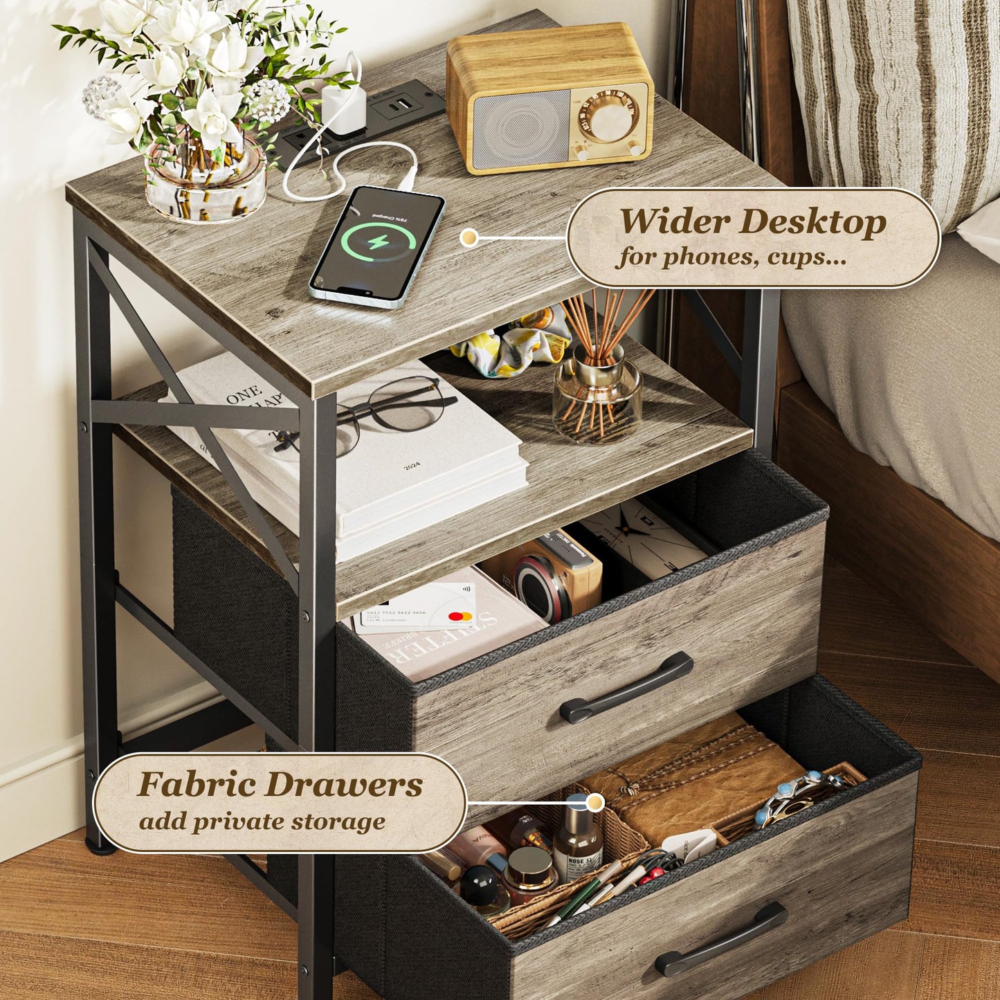 Huuger Nightstands Set of 2, Night Stand with Charger Station, 2 Drawer Side Table with Open Shelf, USB-C Port, End Table for Small Spaces, X Shaped Side Rail, Oak