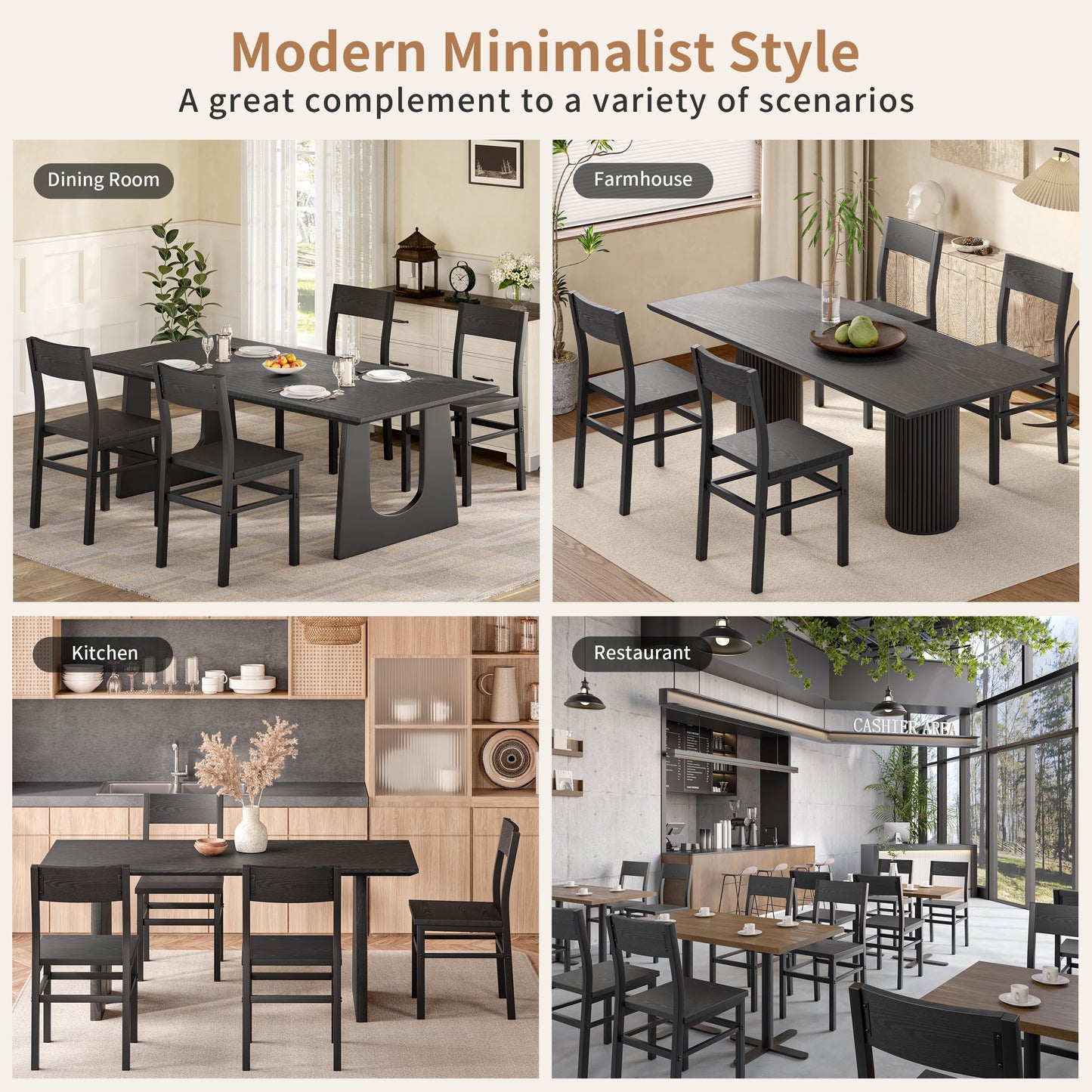 MECHYIN Dining Chairs Set of 4, Rustic Wood Dining Room Chairs with Thickened and Strengthened Metal Steel Frame & Slat Back, Modern Farmhouse Chair for Kitchen, Dining Room (4, Dark Black)
