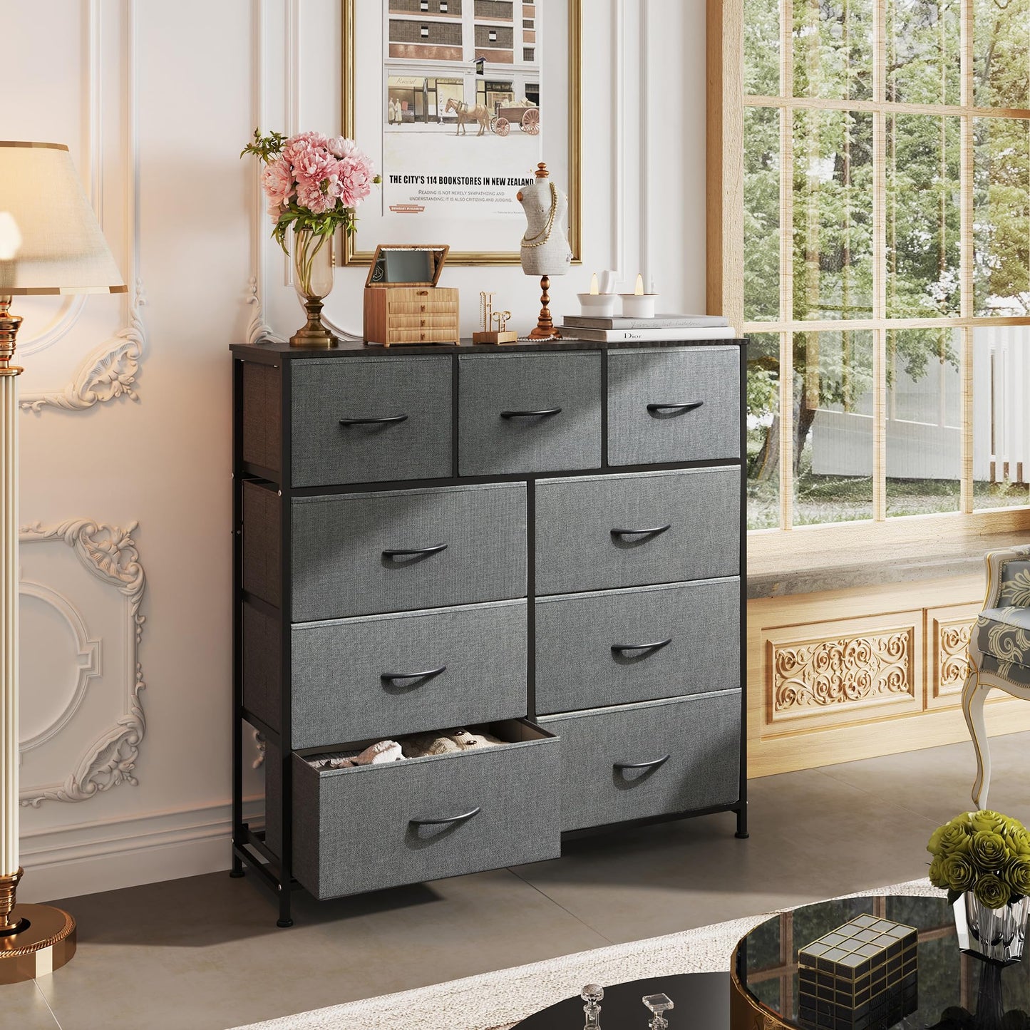 WLIVE 9-Drawer Dresser & Nightstand with 2 Fabric Drawers for Bedroom, Hallway, Entryway, Closet, Organizer Unit with Fabric Bins, Steel Frame, Wood Top, Easy Pull Handle, Dark Grey