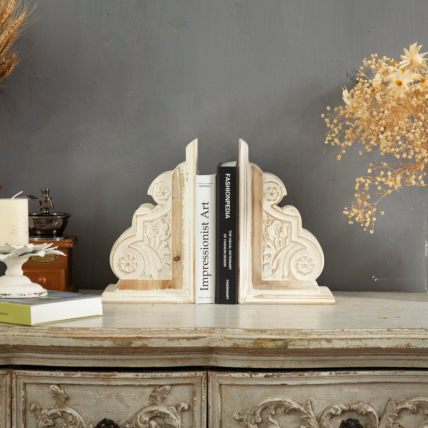 1 Pair Rustic Distressed Finish Wood Bookends, White Bookends Decorative Unique, Carved Pattern Farmhouse Book Ends for Shelves, Bookend for Heavy Books, Wooden Corbels for Home Room Decor