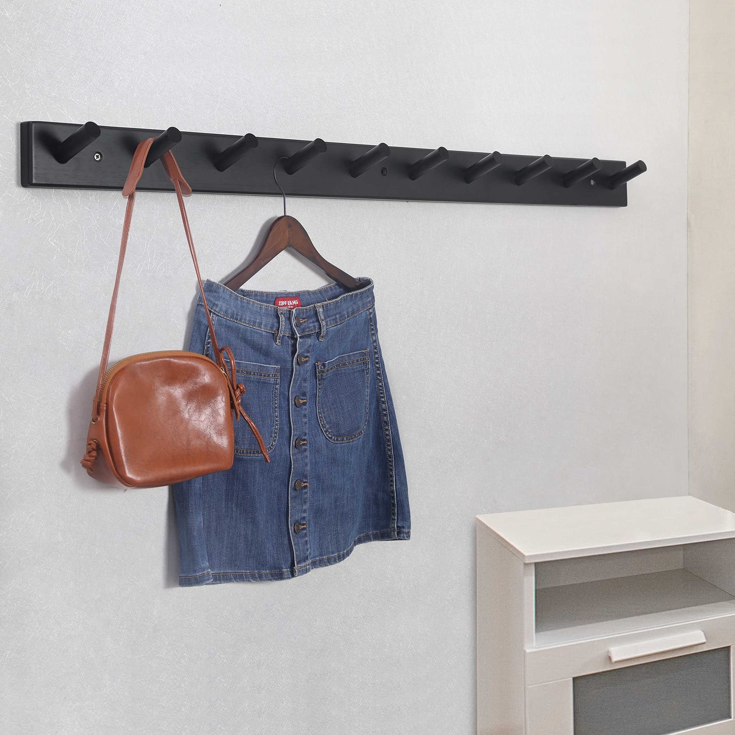 SKOLOO Wood Coat Rack Wall Mounted,10 Peg Long Bamboo Hook for Hanging Backpack Coat Towel Hat,16'' Hole to Hole,Black