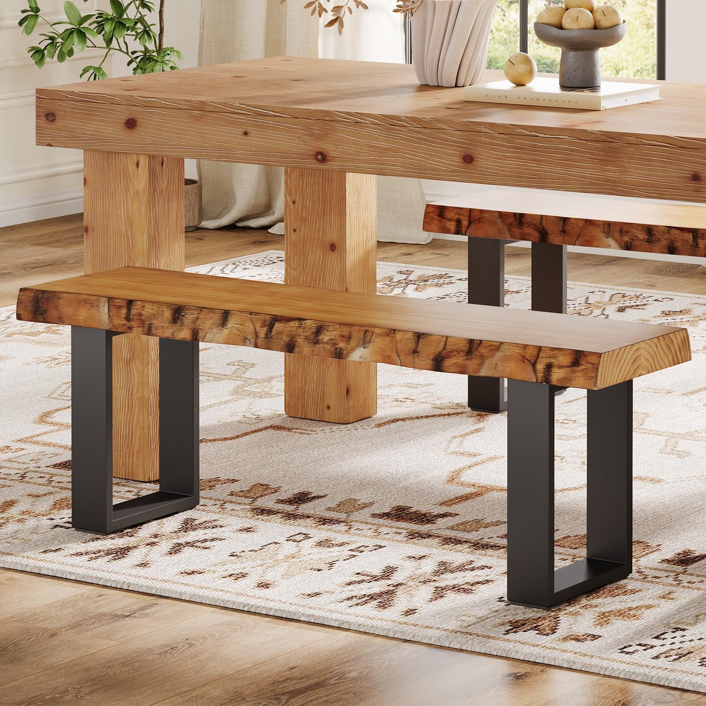 TRIBEWOOD Solid Wood Dining Bench, 47'' Industrial Entryway Bench with Black Metal Legs, Narrow Long End of Bed Bench for Bedroom, Kitchen, Living Room, Hallway, Easy Assembly