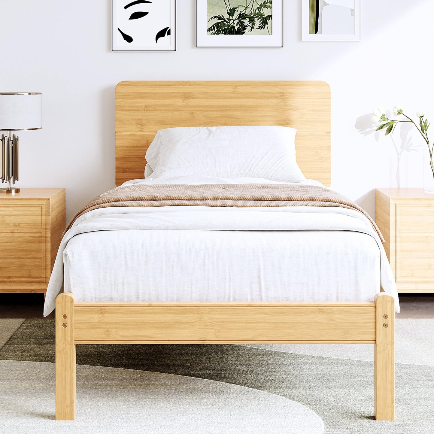 BOSRII 14in High Solid Bamboo Wood Platform Twin XL Bed Frame with Headboard, Reinforced Heavy Duty Metal Slats, Noise Free, No Box Spring Needed, Easy Assembly