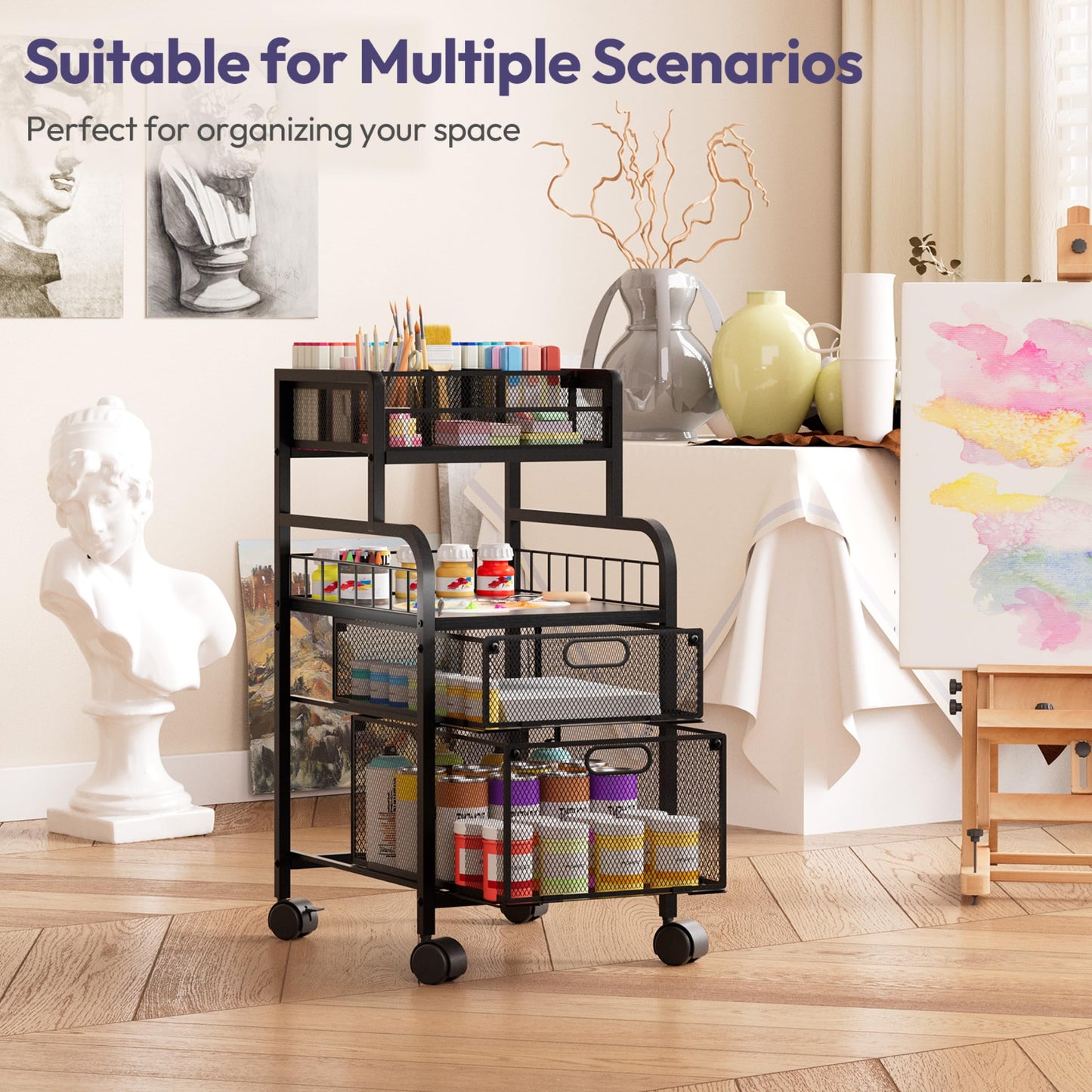 SWTYMIKI Rolling Cart with Drawers - Metal Craft Cart with Wheels, DIY Divider and Wood Shelf, Art Supply Organizer for Under Desk Storage, Utility Storage Cart for Home Office Studio, Black