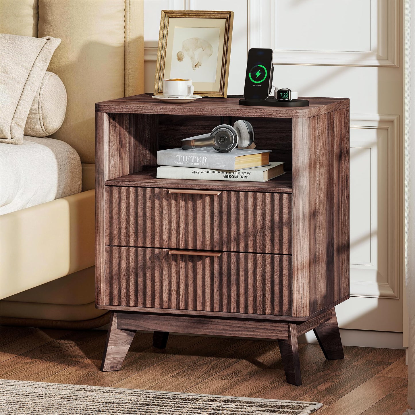 Baoz Walnut Fluted Nightstand with Charging Station & 2 Drawers for Bedroom
