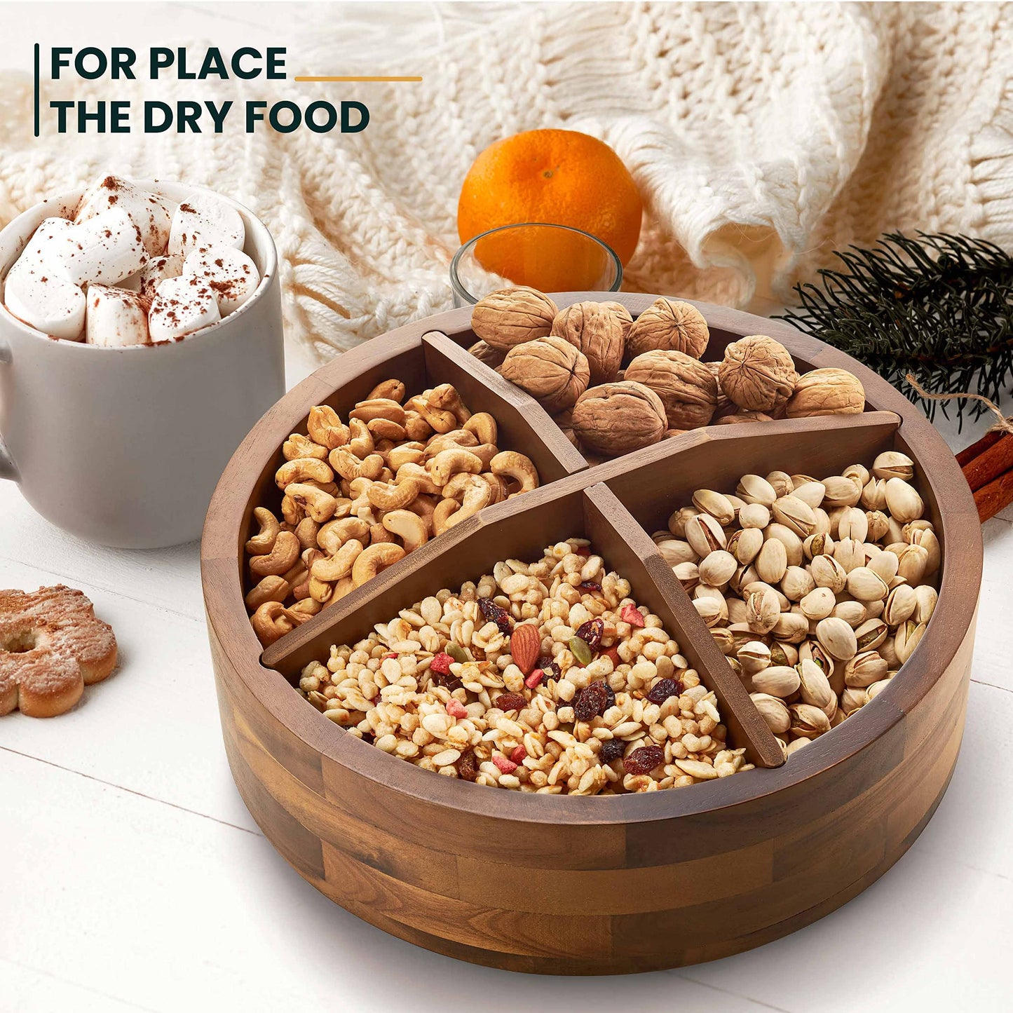 TIDITA 12" Acacia Wood Lazy Susan Organizer with 4 Dividers - Wooden Round Serving Turntable for Tabletop, Countertop - Kitchen Storage Tray Rotating Food Bin Container for Spices, Cabinet, Fridge