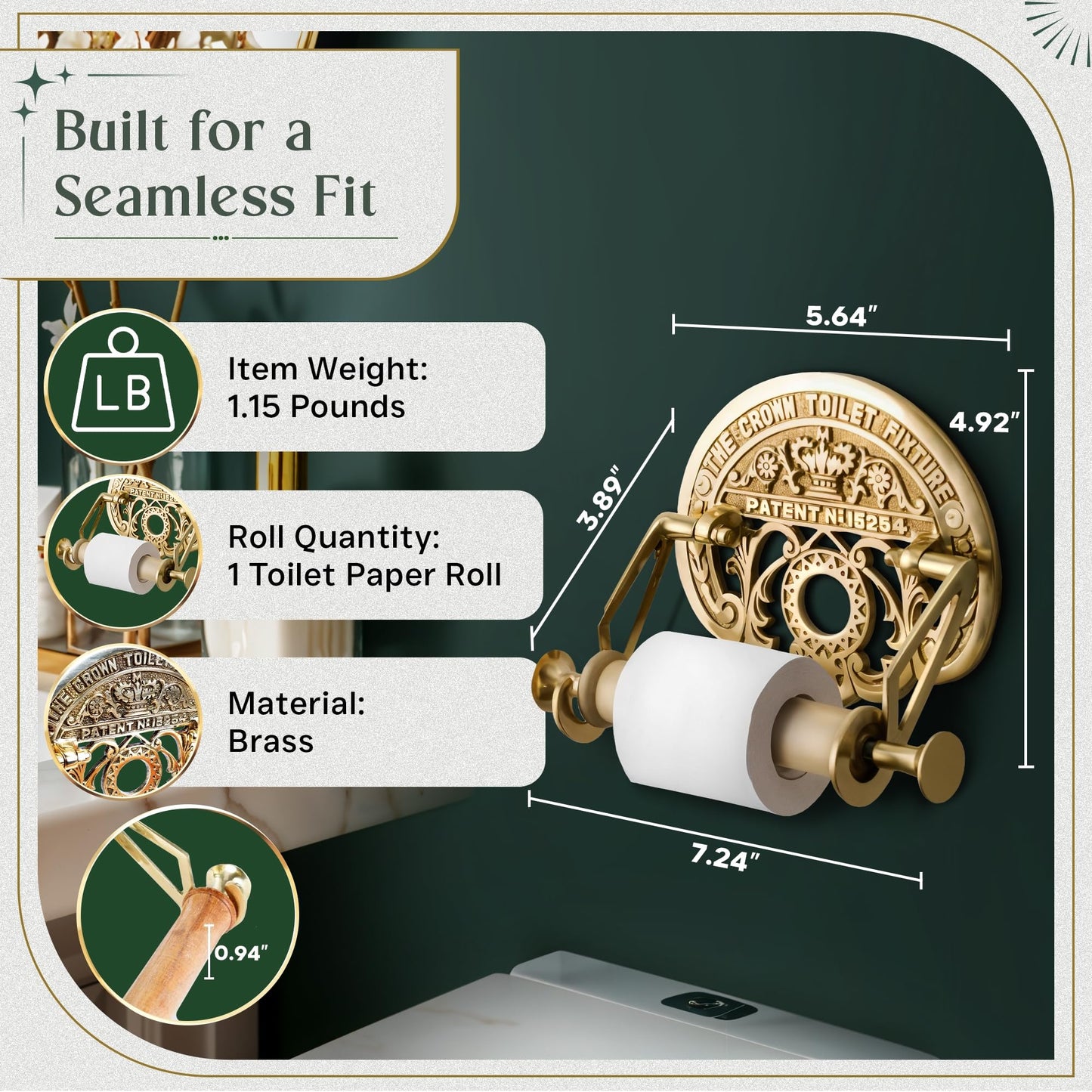Bright Brass Wall Mount Toilet Paper Holder 7.25" Wide Vintage Crown Style Solid Brass Easy Install Toilet Tissue Paper Holders with Wooden Roll for Bathroom | Renovators Supply Manufacturing