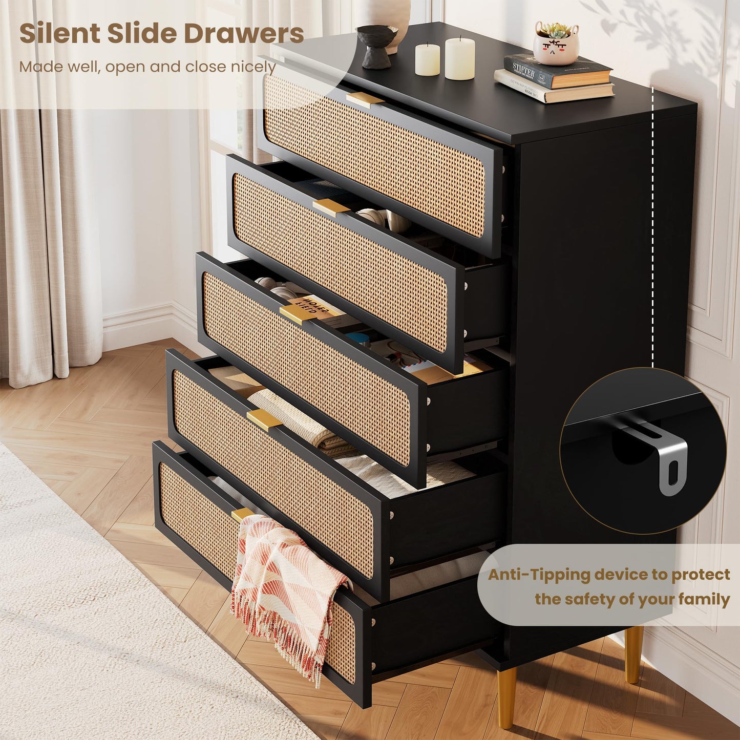 GarveeHome Rattan 5 Drawer Dressers for Bedroom, Tall Dresser with Deep Drawers, Large Chest of Drawers for Closet with Wide Top, Long Wooden Dresser for Living Room, Hallway, Kids Room, Black