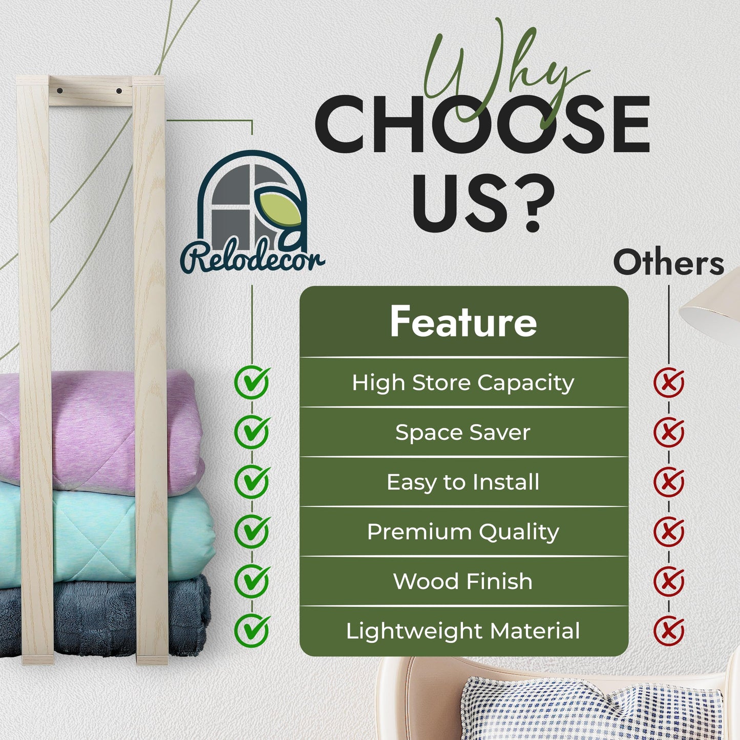 RELODECOR Blanket Wall Rack – Decorative Farmhouse Style Wooden Ladder – Rustic Quilt & Towel Holder – Wall Mounted Storage Rack for Living Room, Bedroom & Bathroom – Stylish White Design