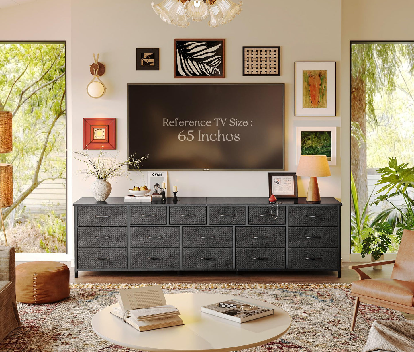 Huuger 77.6" Long Dresser for Bedroom, 16 Drawer Fabric Dresser for Closet, Wide Chest of Drawers with Storage, TV Stand for 65, 75, 85 Inch TV, 77.6" W x 13" D x 26.4" H, Black