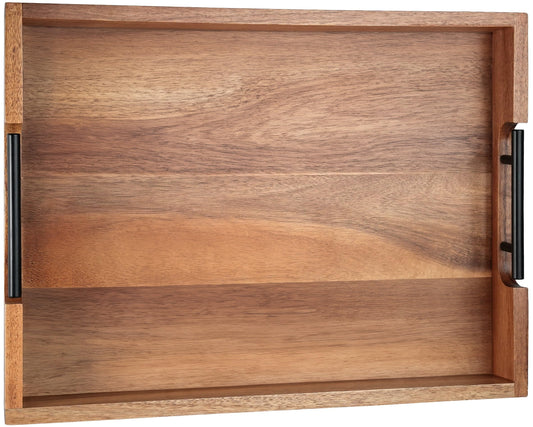 Joy&Grace Ottoman Tray for Living Room, Large Acacia Wooden Serving Tray with Handles for Coffee Table, Breakfast in Bed, Food Dinner, Decorative Tray (Color Natural, 16.7" x 12.8" x 2")