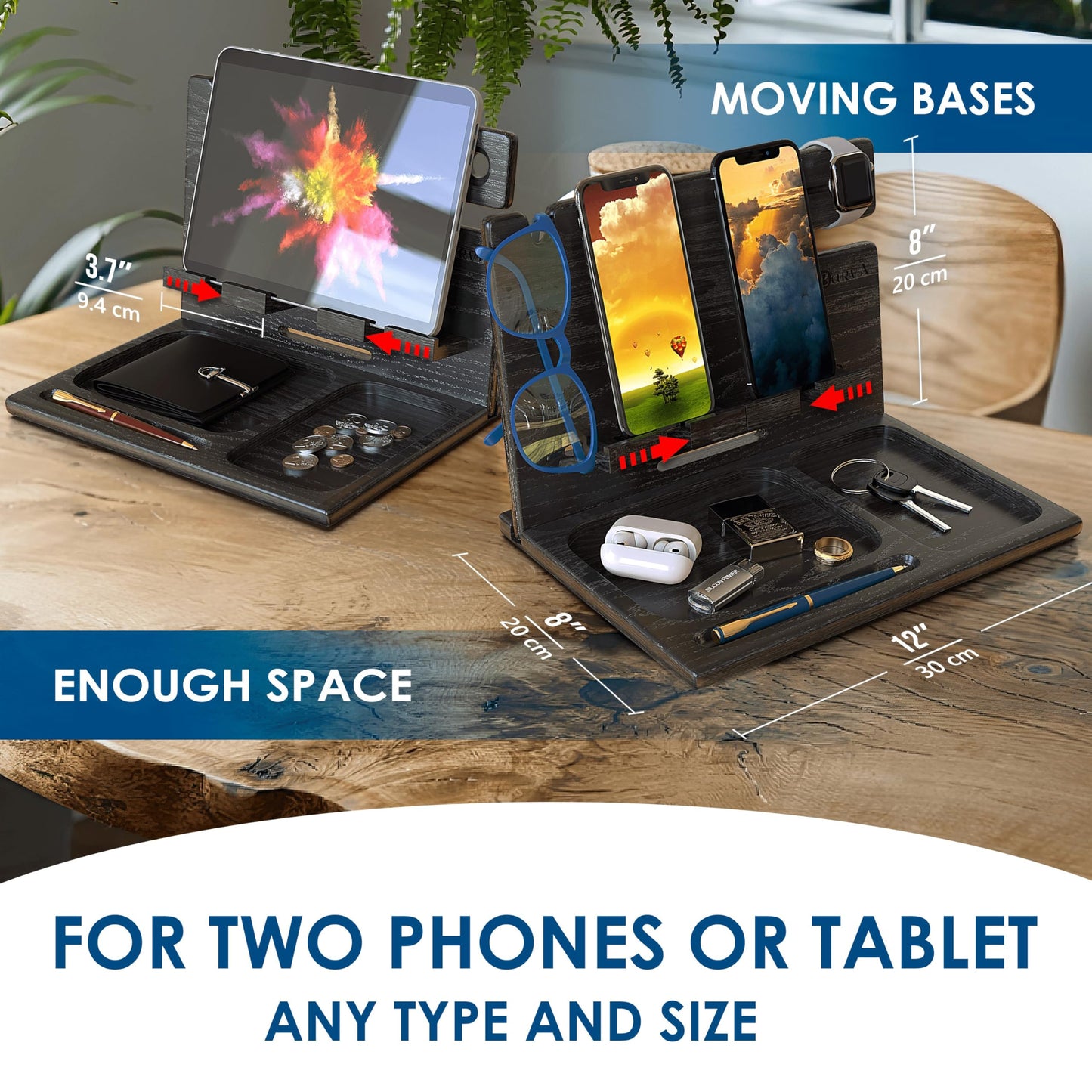 BarvA Two Phone Docking Station | Night Stand Desk Organizer | Wood Nightstand Organizer | Tablet Smart Watch Earbuds Charging Station | Upgraded Dresser Phone Stand | Bed Room Decor Gifts for Men