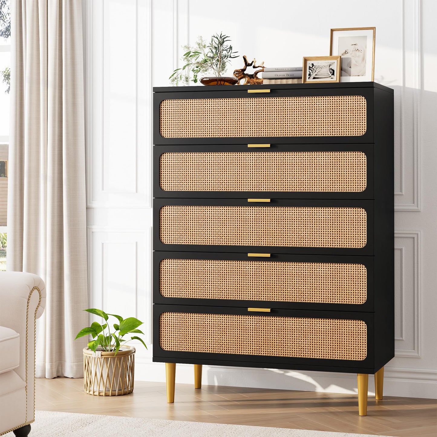 GarveeHome Rattan 5 Drawer Dressers for Bedroom, Tall Dresser with Deep Drawers, Large Chest of Drawers for Closet with Wide Top, Long Wooden Dresser for Living Room, Hallway, Kids Room, Black