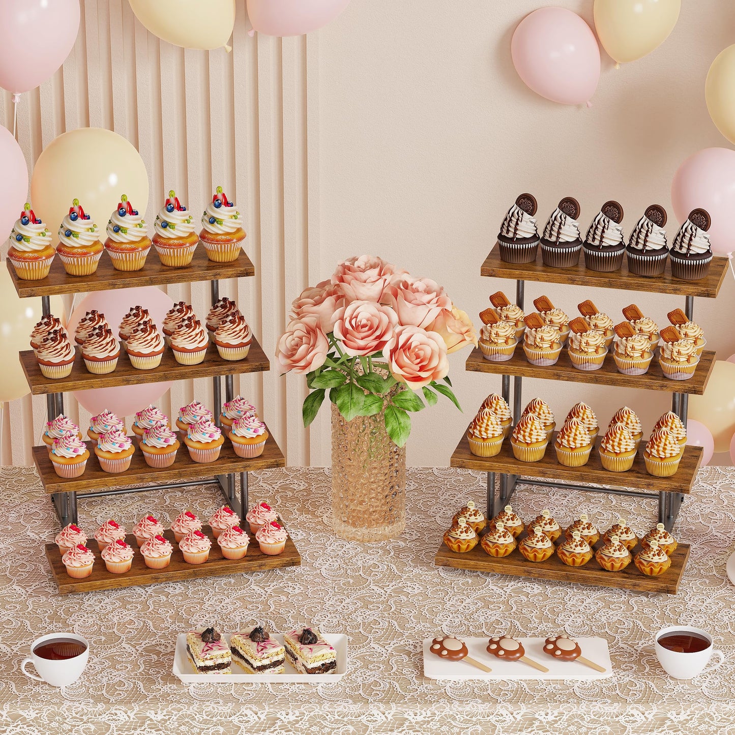 Emfogo Wooden Cupcake Display Stand, 4 Tier Rectangular Tiered Dessert Stands, Cupcake Display Risers for Vendor Booth Dessert Table Party Wood Serving Tray for Cup Cake Cookie Food (1 Pack)