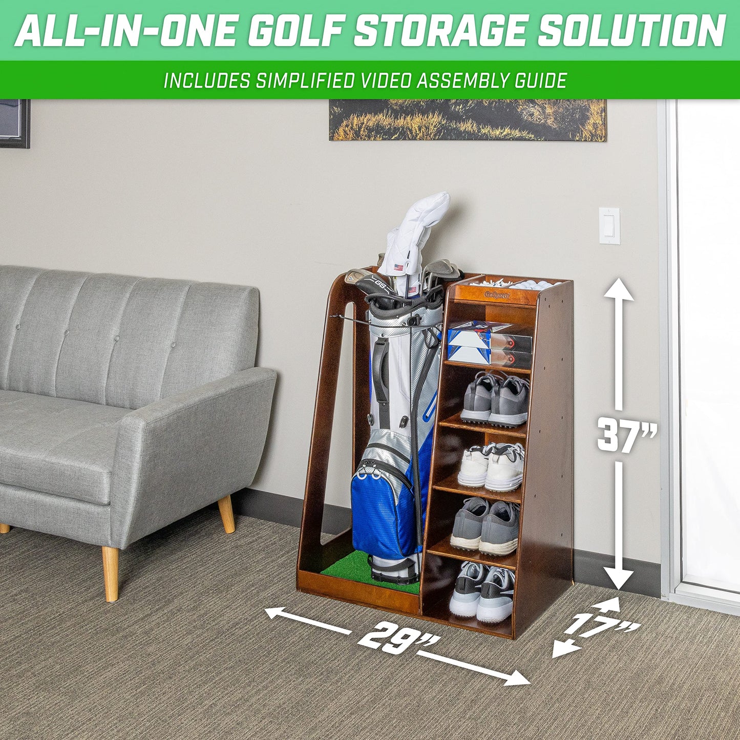 GoSports Premium Wooden Golf Bag Organizer and Storage Rack - Choose Your Style