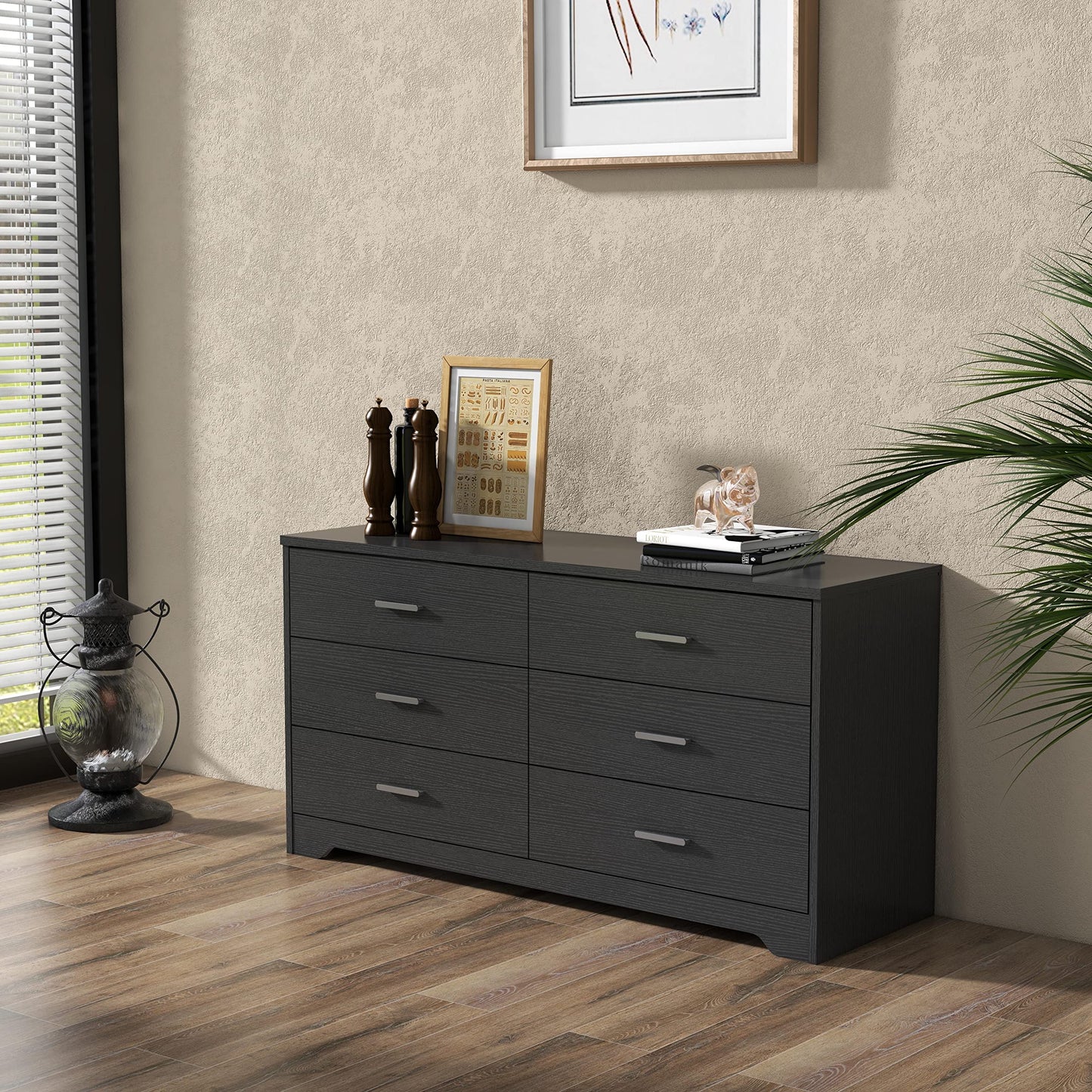 Panana Wooden 5/6 Drawer Dresser, Wide Modern Chest of Drawers, Organizer with Storage Drawers for Living Room Bedroom Hallway Closet (Black, 6 Drawers)