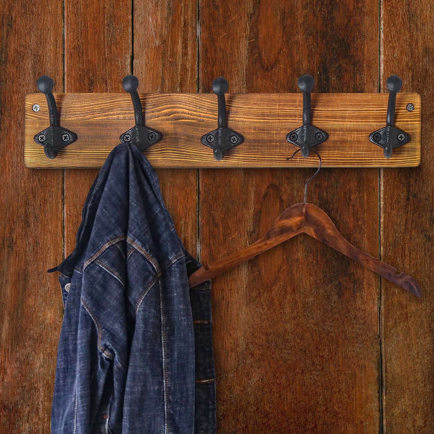 WEBI Rustic Coat Rack Wall Mount,5 Cast Iron Coat Hooks Wall Mounted Coat Hanger Heavy Duty Antique Vintage Hooks for Hanging Jacket,Clothes,Brown