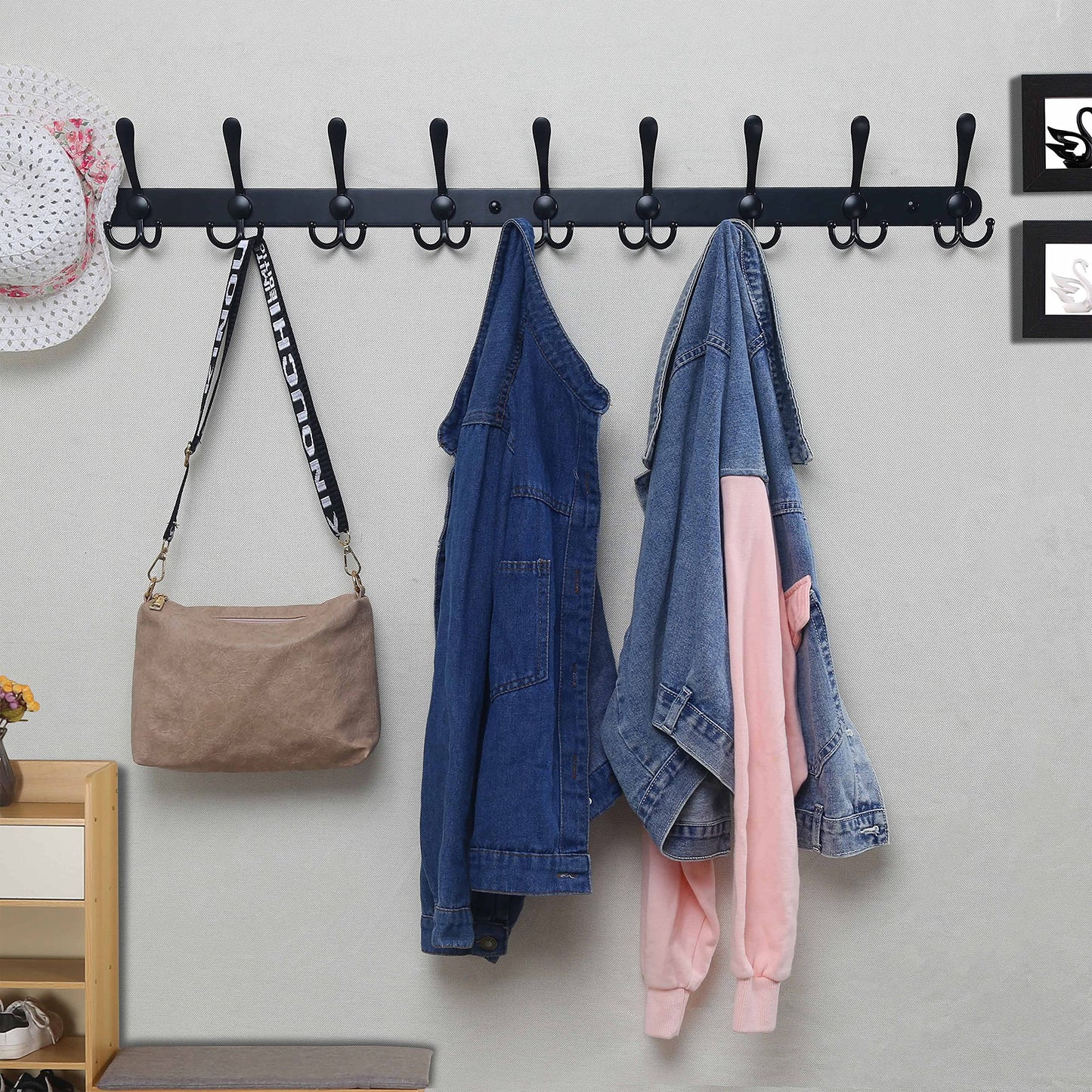 Dseap Coat Rack Wall Mount - 38” Long 10-Tri-Hooks Heavy Duty Coat Hanger Rail Wall Hooks for Hanging Coats Hats Clothing Clothes Purse Mudroom Entryway, Black