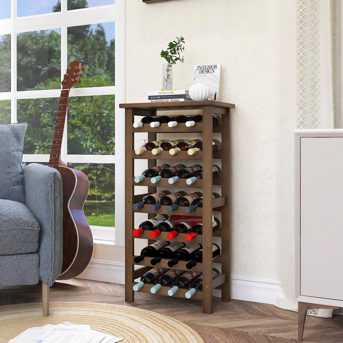 SMIBUY Bamboo Wine Rack, 28 Bottles Display Holder with Table Top, 7-Tier Free Standing Storage Shelves for Kitchen, Pantry, Cellar, Bar (Walnut)