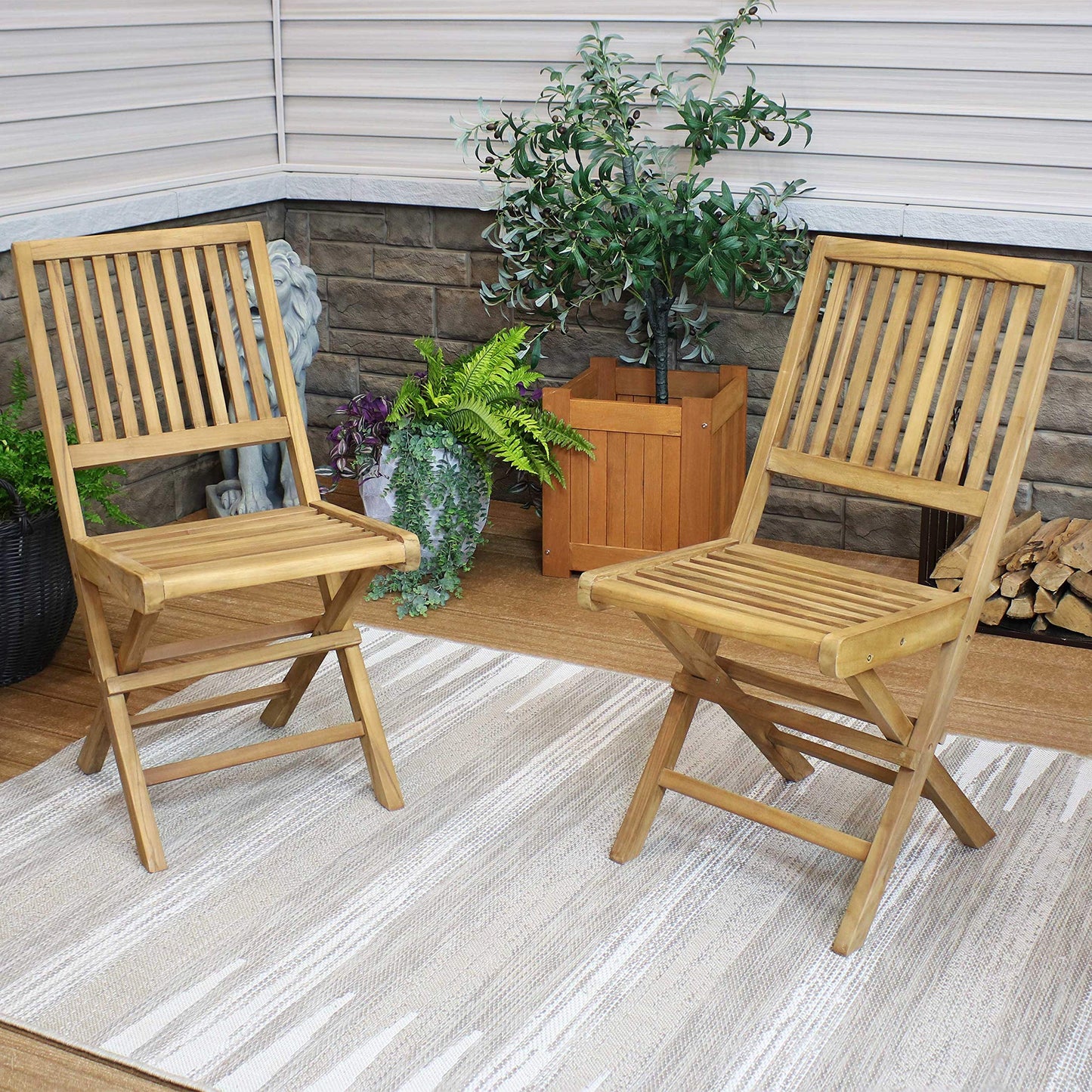 Sunnydaze Foldable Teak Wood Outdoor Chairs – Folding Patio Chair Set of 2 for Deck or Balcony – Wooden Teak Furniture with Light Finish