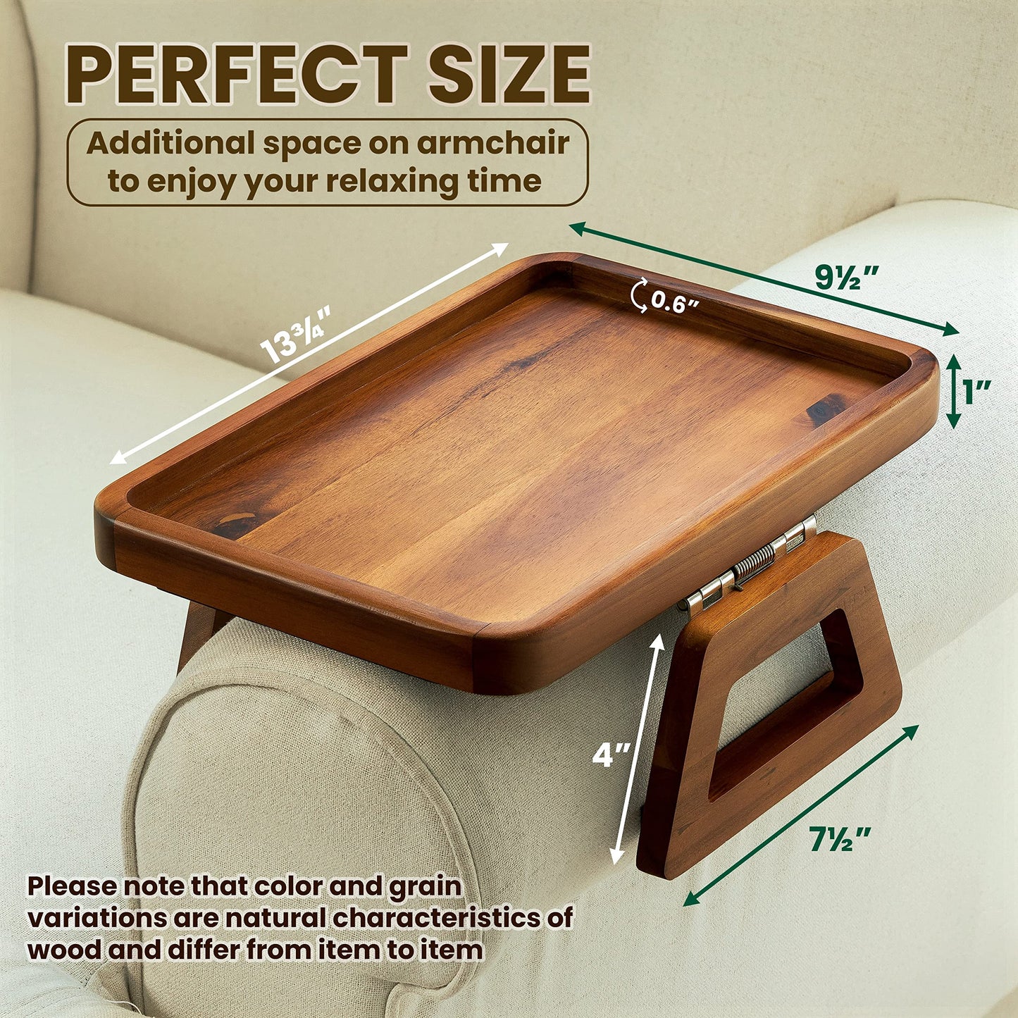 Tinamo 13.75" x 9.5" Acacia Couch Arm Table, Wooden Sofa Arm Tray, Armrest Table for Couch Wooden Sofa Armrest Tray, Clip-on Tray for Wide Couch - Side Table for Eating & Drink, Snack, Phone, Remote