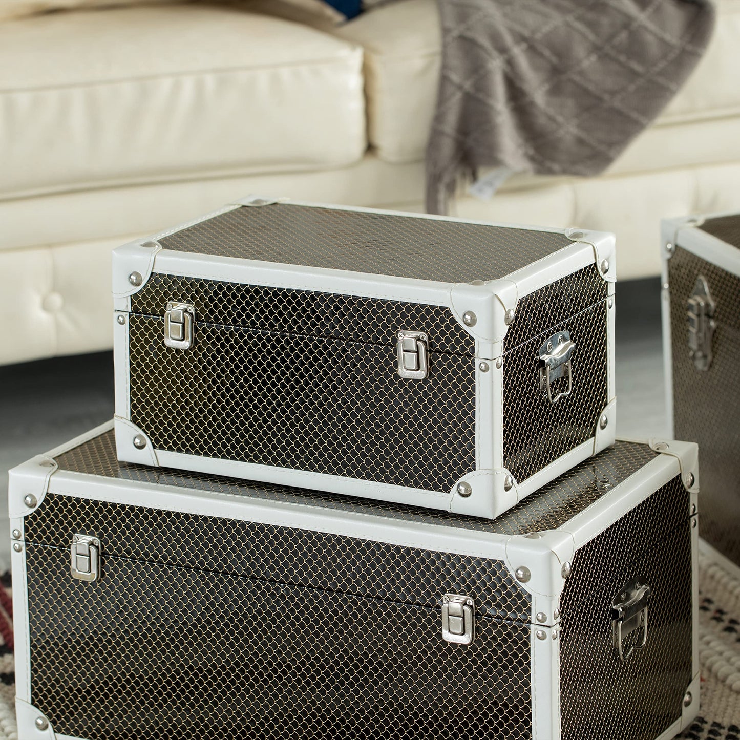 Vintiquewise Faux Leather Storage Trunk Set of 3